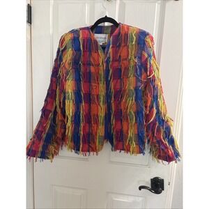 Crystal Handwoven Jacket M Plaid Fringe OPEN FRONT Blazer Vintage Orange Blue